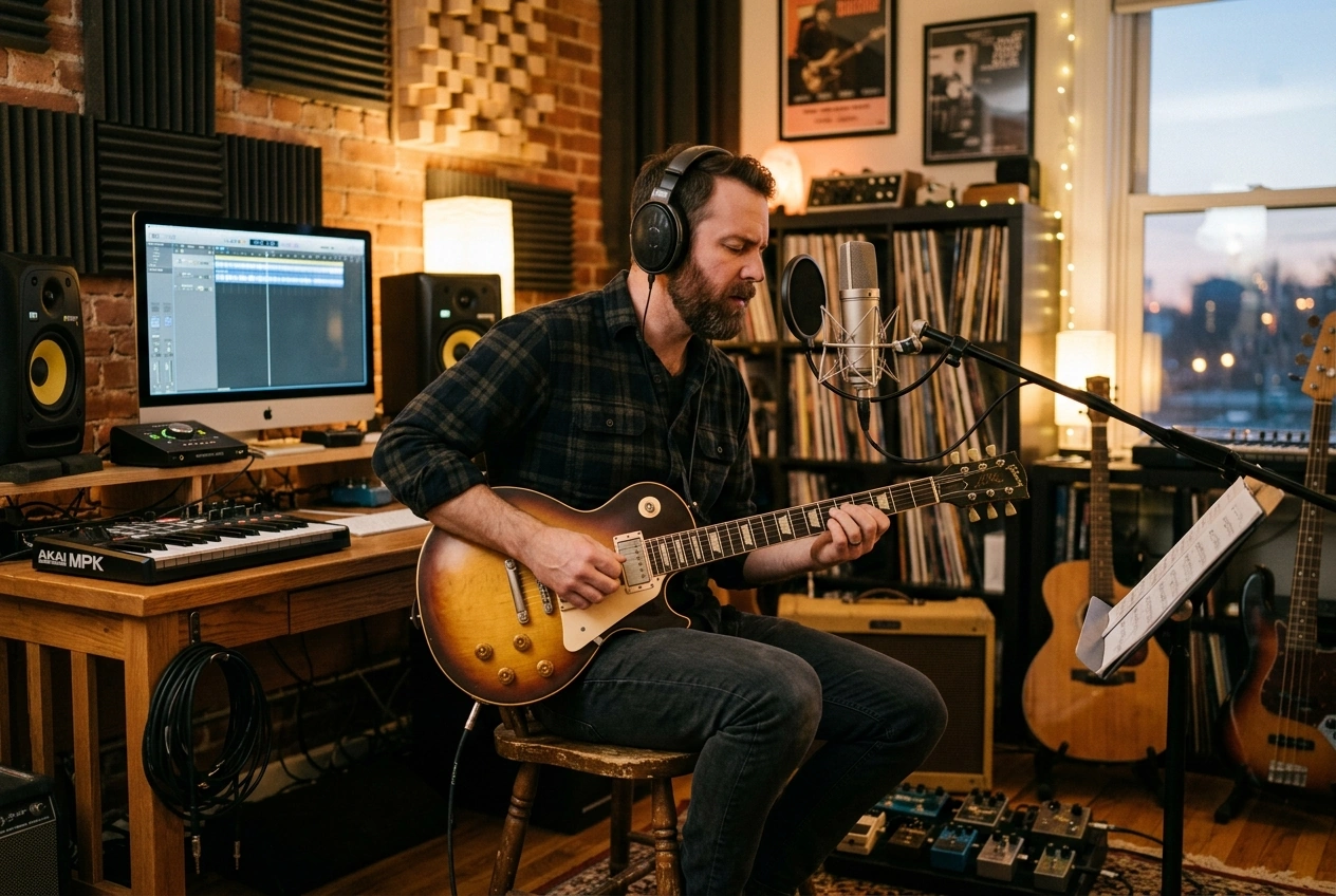 Musician Recording a Guitar Solo in his Home Recording Studio