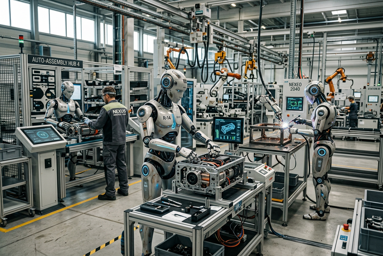 Several Humanoid Robot at factory 2040
